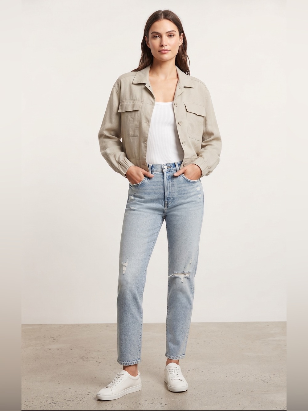 Catherine Malandrino Linen-Blend Cropped Utility Shacket Khaki- M-MSRP $148